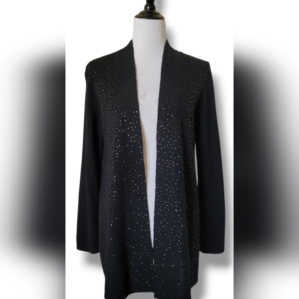 Charter Club Lighgweight Black 100% Cashmere Sequin Open Cardigan M Quiet Luxury
